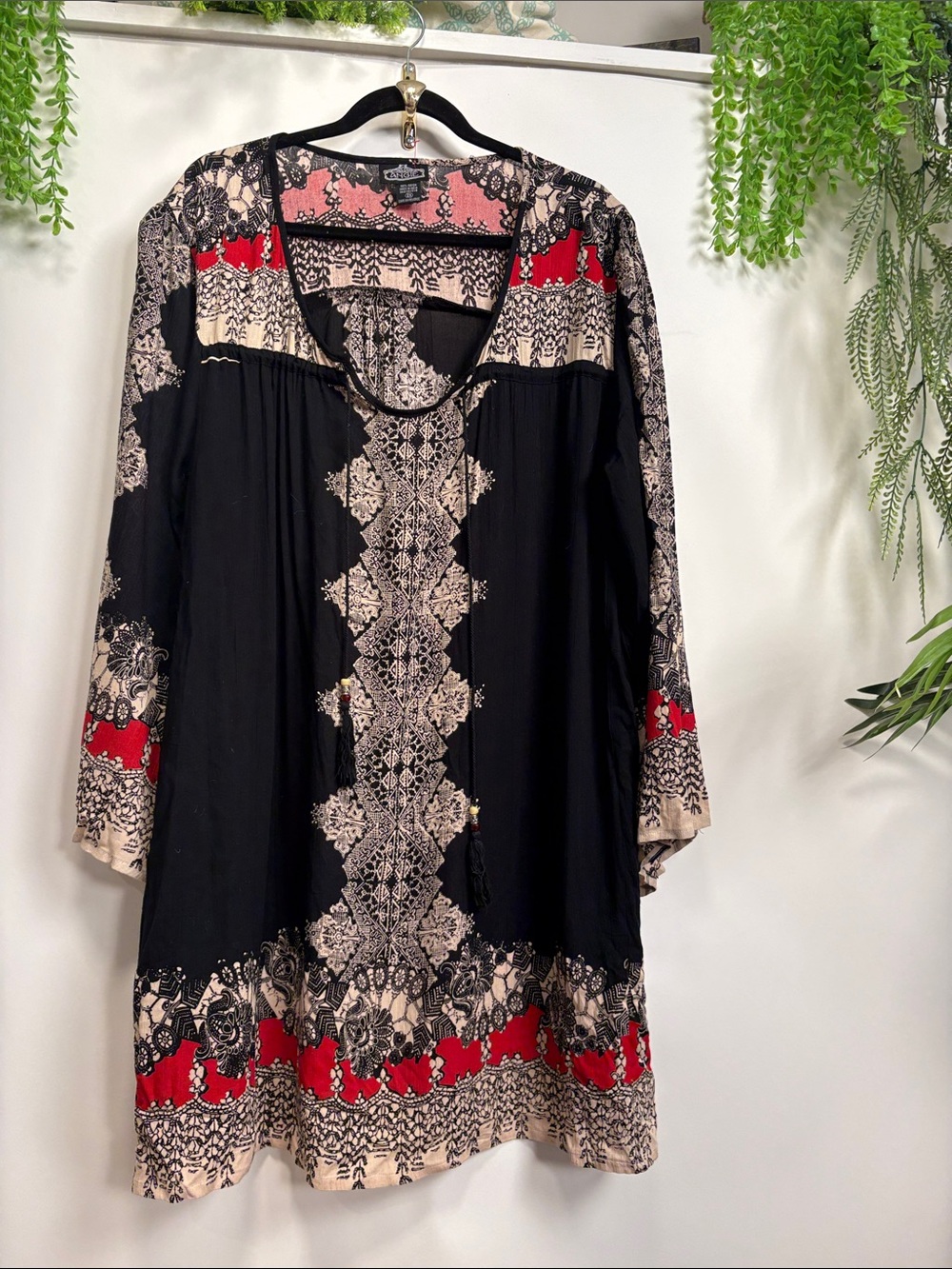 Angie Black Tunic with Red and Cream Embroidery